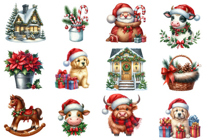 Christmas Farm Sublimation Clipart PNG Bundle | Watercolor Rustic Farm Christmas Clipart | Holiday Farmhouse PNG