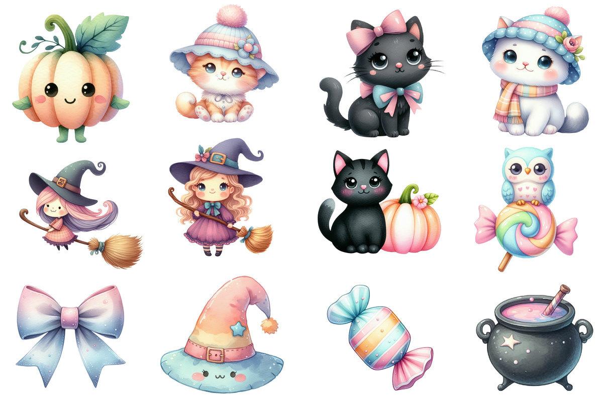 Pastel Halloween Clipart PNG Bundle | Cute Cat, Owl, Ghost, Witch & Pumpkin