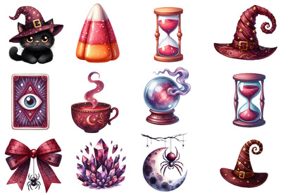 Burgundy Halloween Watercolor Clipart PNG Bundle | Gothic Halloween Watercolor Clipart | Witchy Halloween Sublimation PNG