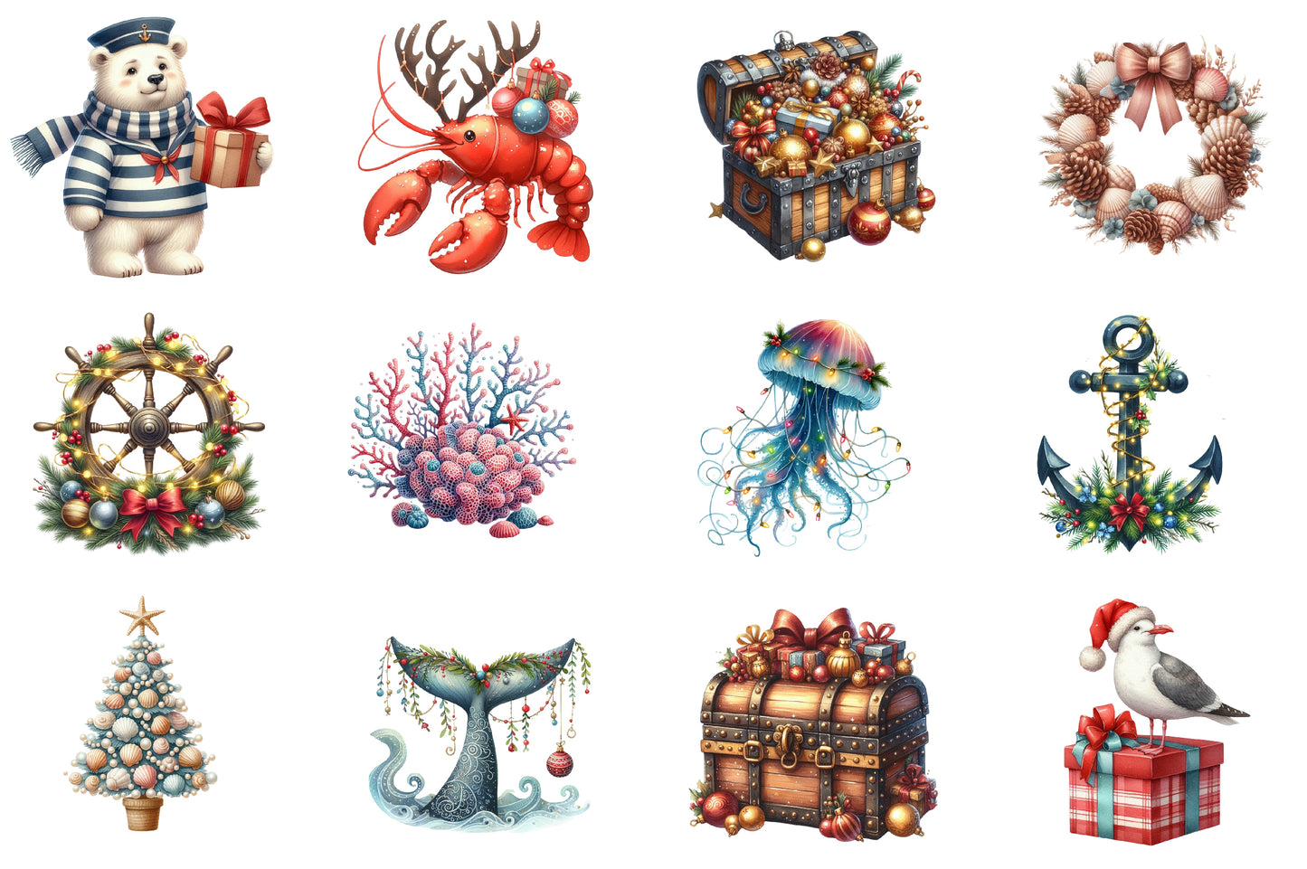 Maritime Christmas Clipart PNG Bundle | Nautical Christmas Watercolor Clipart | Coastal Holiday Sublimation PNG