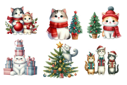 Christmas Cats Clip Art PNG Bundle | Watercolor Cute Christmas Cat Clipart | Festive Holiday Cat PNG