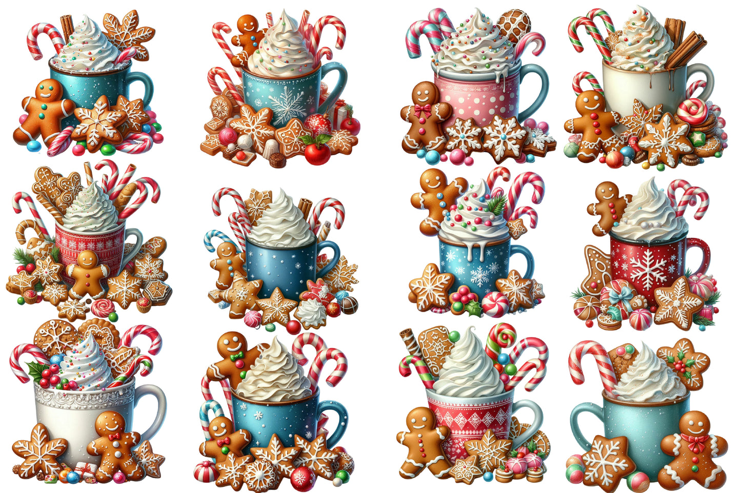 Watercolor Christmas Hot Chocolate Clipart PNG Bundle | Gingerbread & Candy Cane Cocoa Designs
