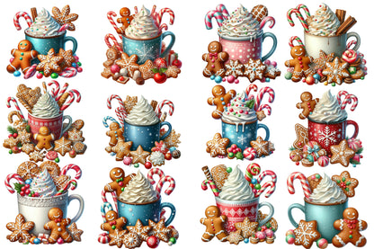 Watercolor Christmas Hot Chocolate Clipart PNG Bundle | Gingerbread & Candy Cane Cocoa Designs