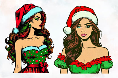 8 Christmas Pop Art Girls PNG Sublimation Bundle Retro Santa Women