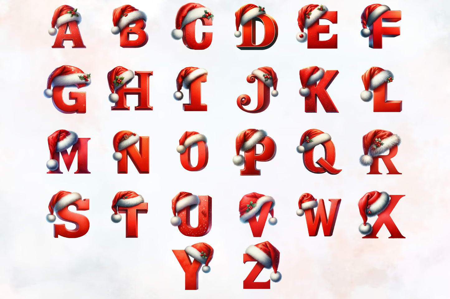 Christmas Alphabet PNG Bundle | Watercolor Santa Hat Letters, Christmas ABC Clipart, Holiday Alphabet Sublimation