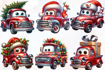 Watercolor Christmas Truck Clipart PNG Bundle | Cute Santa Holiday Truck & Festive Christmas Designs