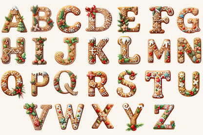 Christmas Gingerbread Alphabet PNG Bundle | Watercolor Gingerbread Letters, Numbers & Holiday Alphabet Clipart