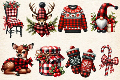 Christmas Buffalo Plaid PNG Bundle | Watercolor Red Black Check Christmas Clipart, Rustic Farmhouse Holiday PNG