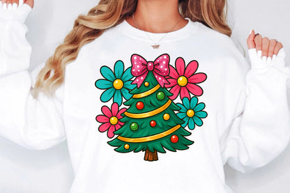 Cute Christmas Tree PNG Floral Bow Holiday Sublimation Design