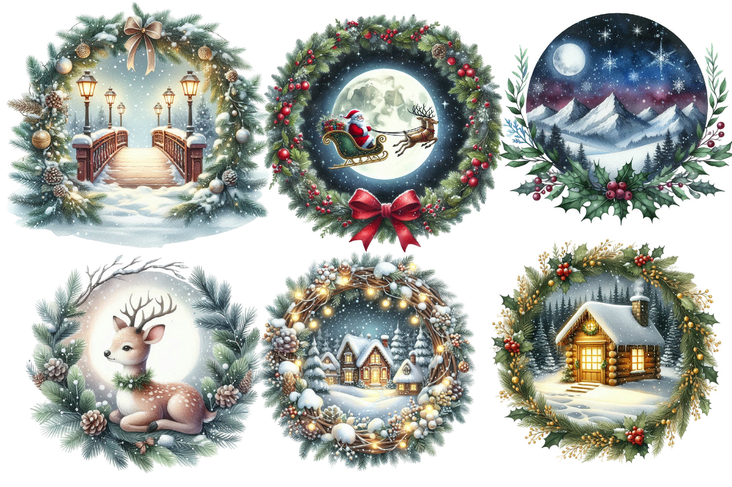Christmas Winter Scenes PNG Bundle | Watercolor Snowy Christmas Landscape Clipart | Cozy Holiday Winter PNG