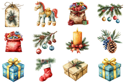 Christmas Winter Watercolor Clipart PNG Bundle | Cozy Winter Christmas Watercolor Clipart | Festive Holiday Sublimation PNG