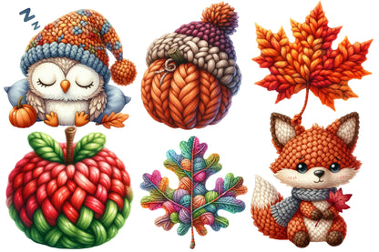 Crochet Autumn Watercolor Clipart PNG Bundle | Cute Fall Crochet Animals | Autumn Sublimation