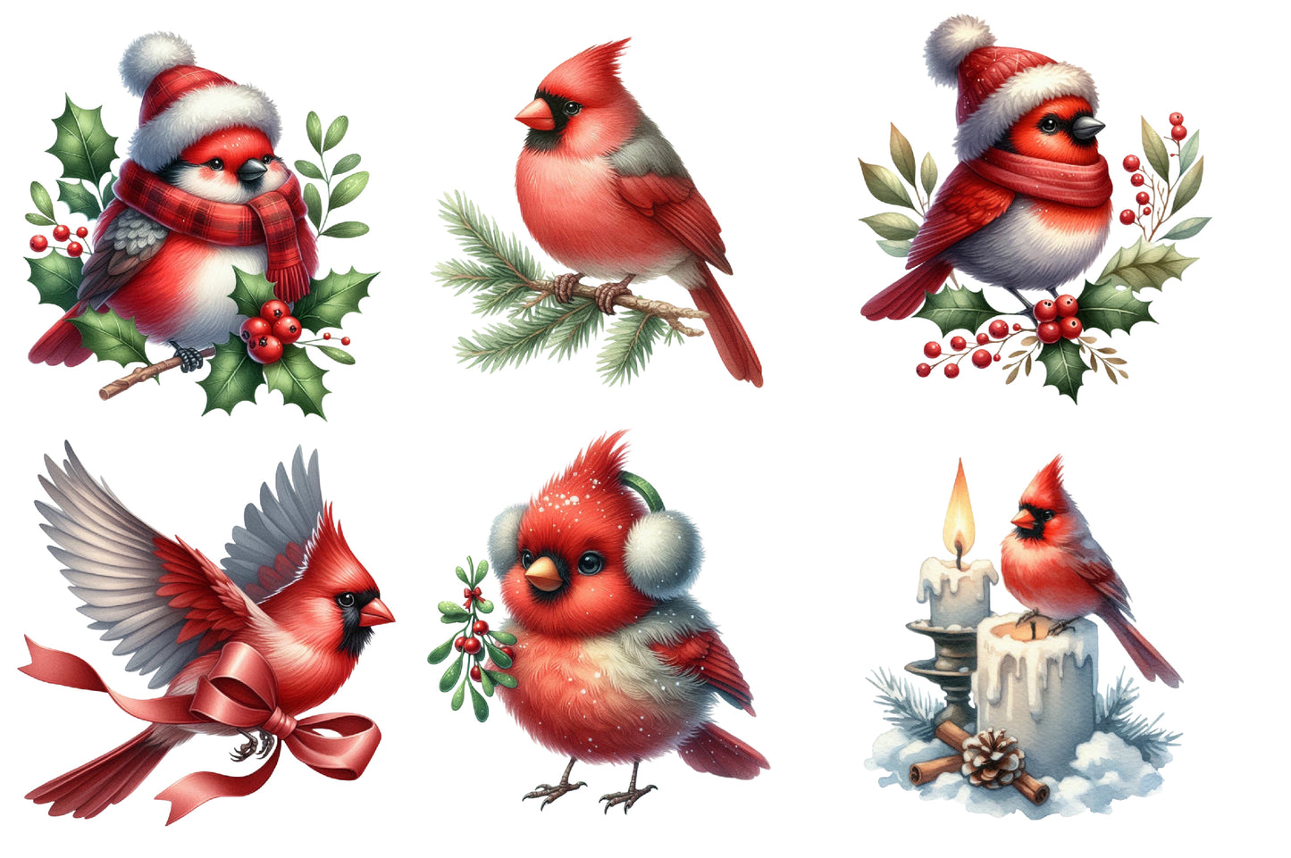 Christmas Cardinal Clipart PNG Bundle | Watercolor Cardinal Birds, Red Birds, Holly, Berries, Christmas Hats, Scarves & Winter Decor