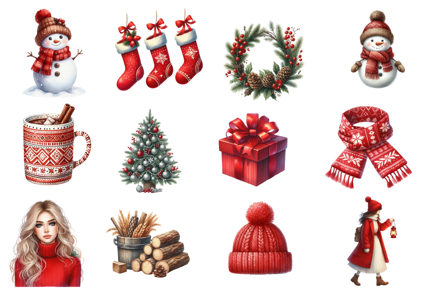 Nordic Christmas Clipart PNG Bundle | Scandinavian Christmas Watercolor Clipart | Red Christmas Sublimation PNG