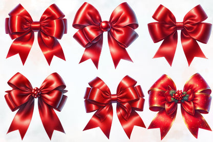 Christmas Red Bow PNG Clipart Bundle | Watercolor Red Christmas Bows, Ribbon, Gold Trim & Holiday Bow Designs