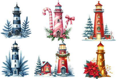 Christmas Lighthouse Clipart PNG Bundle | Watercolor Coastal Christmas Lighthouse Clipart | Nautical Holiday Sublimation PNG