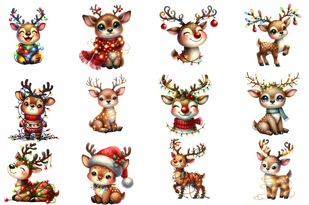 Christmas Reindeer Clipart PNG Bundle | Watercolor Cute Christmas Reindeer Clipart | Festive Winter Animal Sublimation PNG