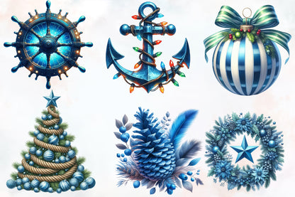 Merry Maritime Christmas Clipart PNG Bundle | Nautical Santa, Christmas Boat, Anchor & Coastal Holiday Designs