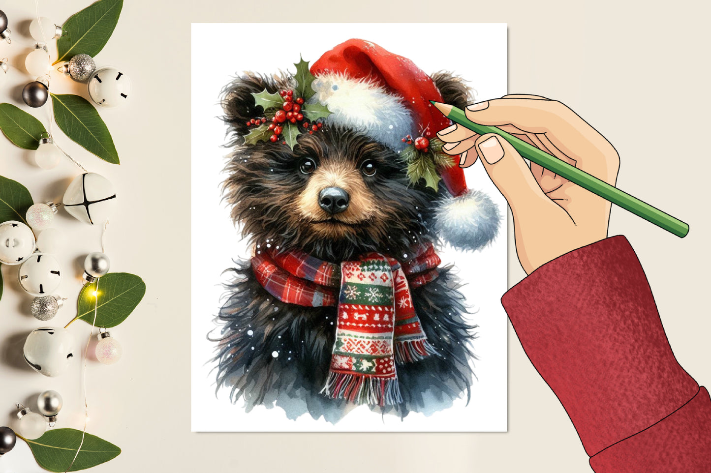 Christmas Bear PNG Clipart Bundle | Watercolor Cute Bear with Santa Hat & Christmas Scarf, Holiday Bear Designs