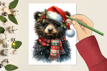 Christmas Bear PNG Clipart Bundle | Watercolor Cute Bear with Santa Hat & Christmas Scarf, Holiday Bear Designs