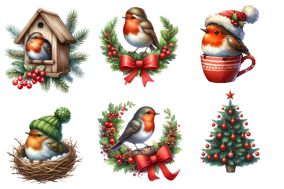 Christmas Robin Watercolor Clipart PNG Bundle | Cute Christmas Bird Clipart | Holiday Sublimation