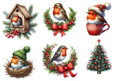 Christmas Robin Watercolor Clipart PNG Bundle | Cute Christmas Bird Clipart | Holiday Sublimation