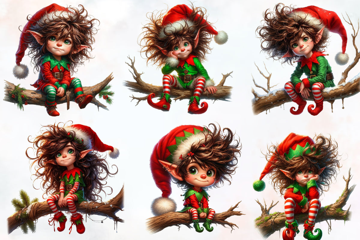 Funny Christmas Elf PNG Bundle Watercolor Santa Elf Clipart