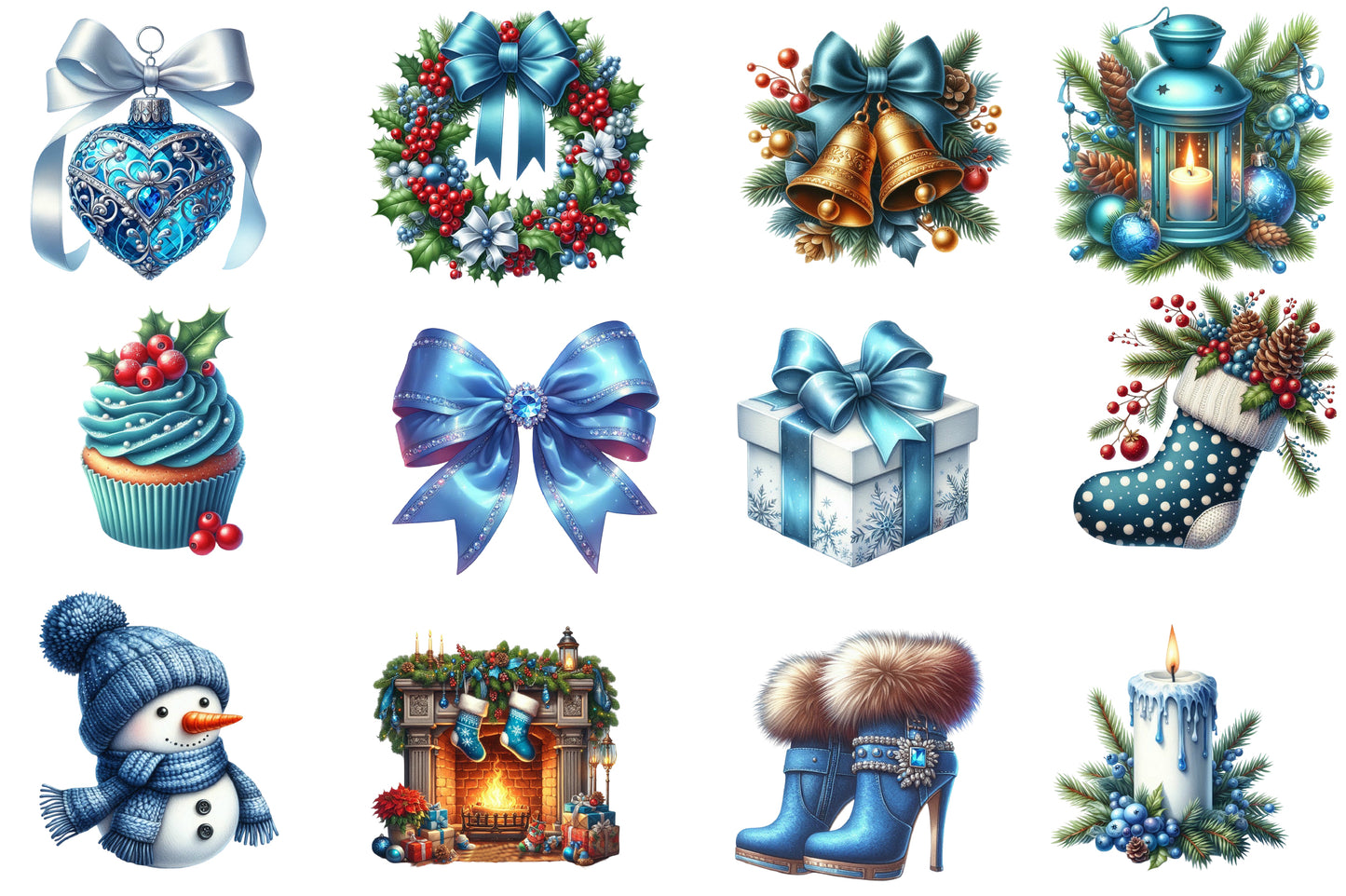 Blue Christmas Clipart PNG Bundle | Blue Snowman, Ornaments, Boots, Cupcake, Gifts & Winter Holiday Designs