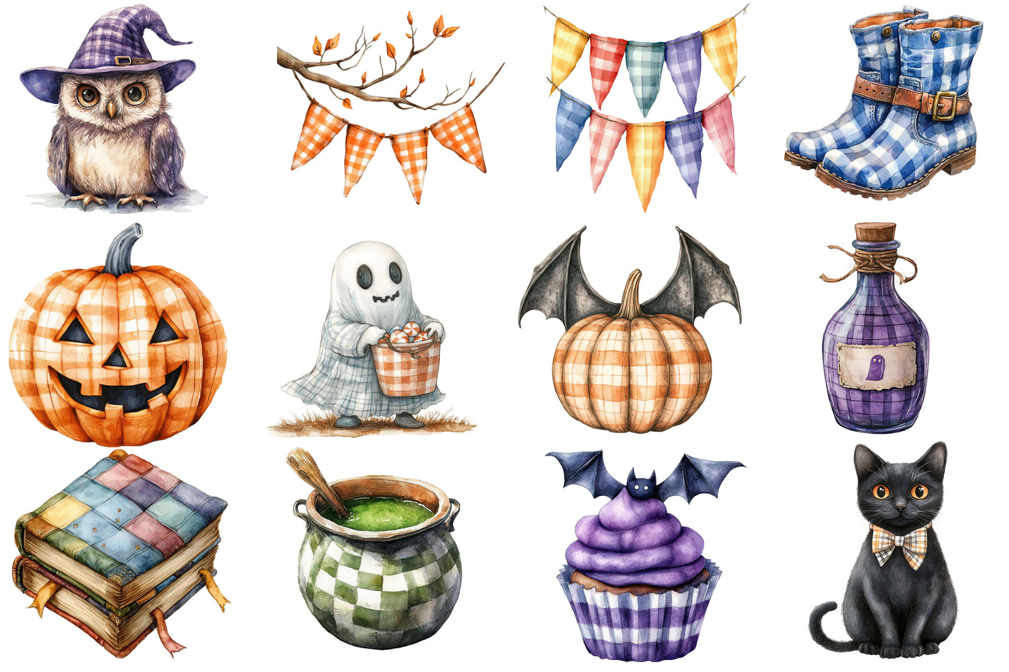Gingham Halloween Clipart PNG Bundle | Plaid Pumpkin PNG, Gingham Ghost Clipart,