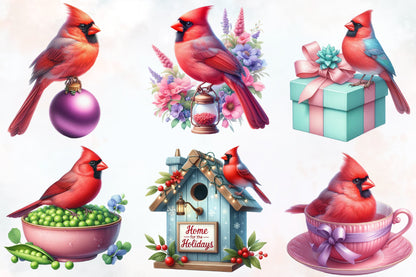 20 Christmas Cardinal Bird PNG Clipart Bundle Watercolor Holiday Red Bird