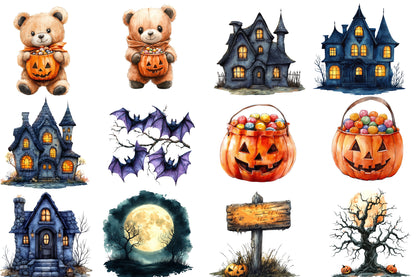 Cute Halloween Clipart PNG Bundle | Halloween Watercolor Clipart, Spooky Cute PNG