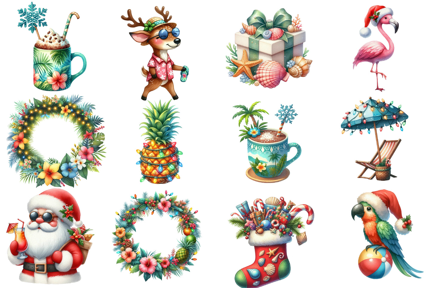 Summer Christmas Watercolor Clipart PNG Bundle | Tropical Christmas PNG | Beach Santa Sublimation