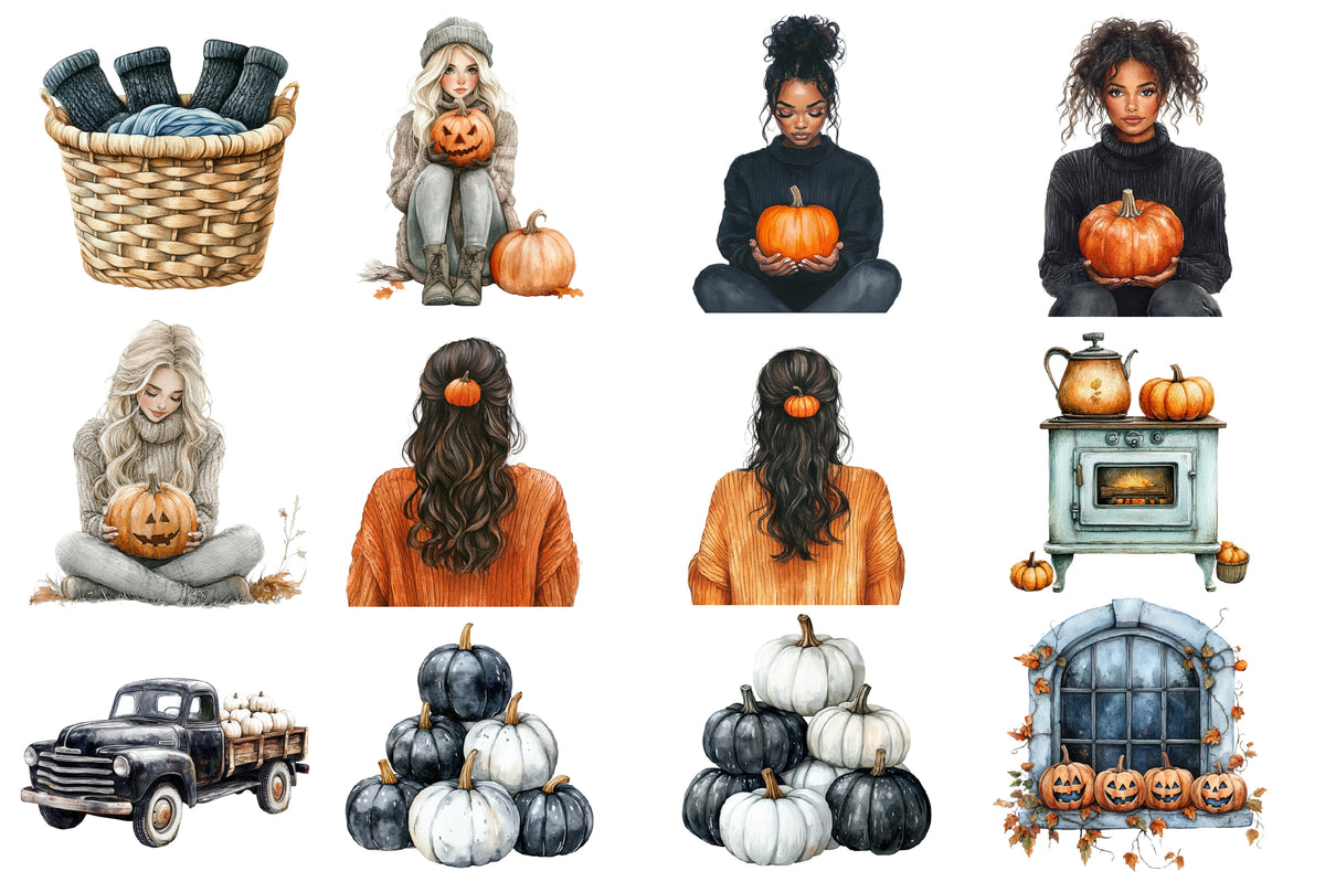 Watercolor Cozy Halloween Clipart PNG Bundle | Cute Ghost, Pumpkin, Cat, Witch, Coffee & Fall Spooky Clipart