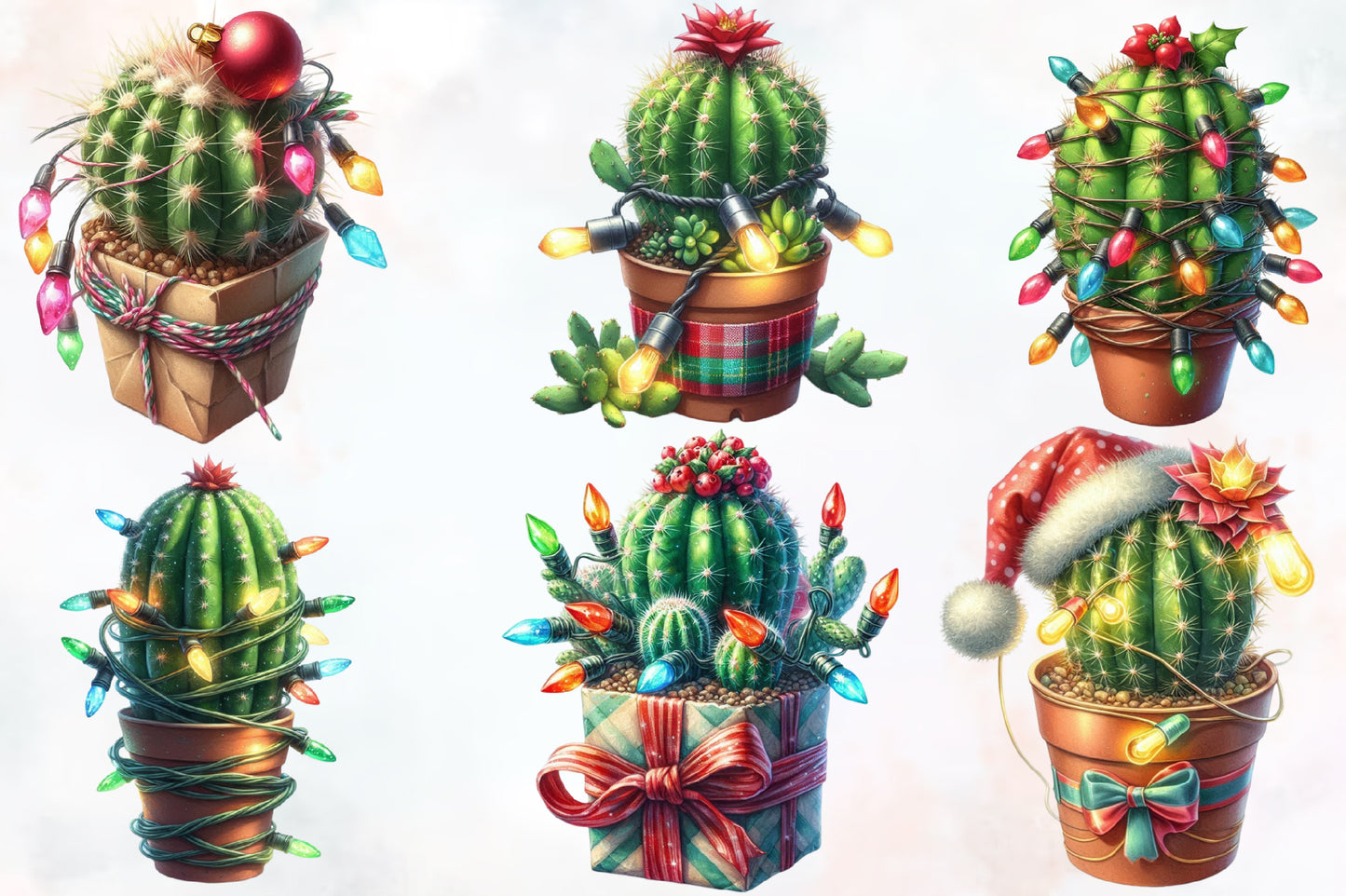 Watercolor Christmas Cactus PNG Bundle 17 Festive Cactus Clipart