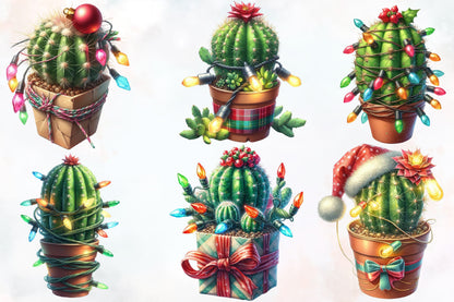 Watercolor Christmas Cactus PNG Bundle 17 Festive Cactus Clipart