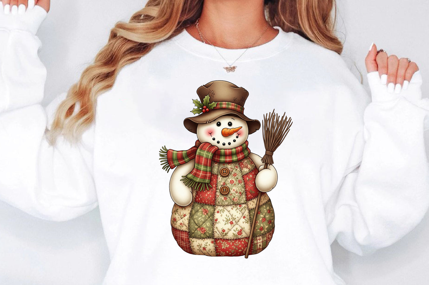 Vintage Patchwork Snowman Christmas Broom PNG
