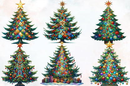 Stained Glass Christmas Trees Clipart PNG Bundle | Colorful Watercolor Christmas Tree, Ornament & Holiday Designs
