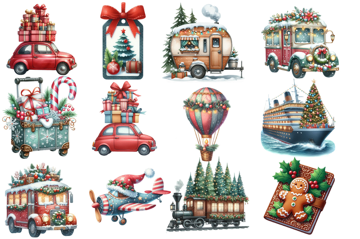 Christmas Travel Watercolor Clipart PNG Bundle | Cute Holiday Travel Watercolor Clipart | Christmas Vacation Sublimation PNG