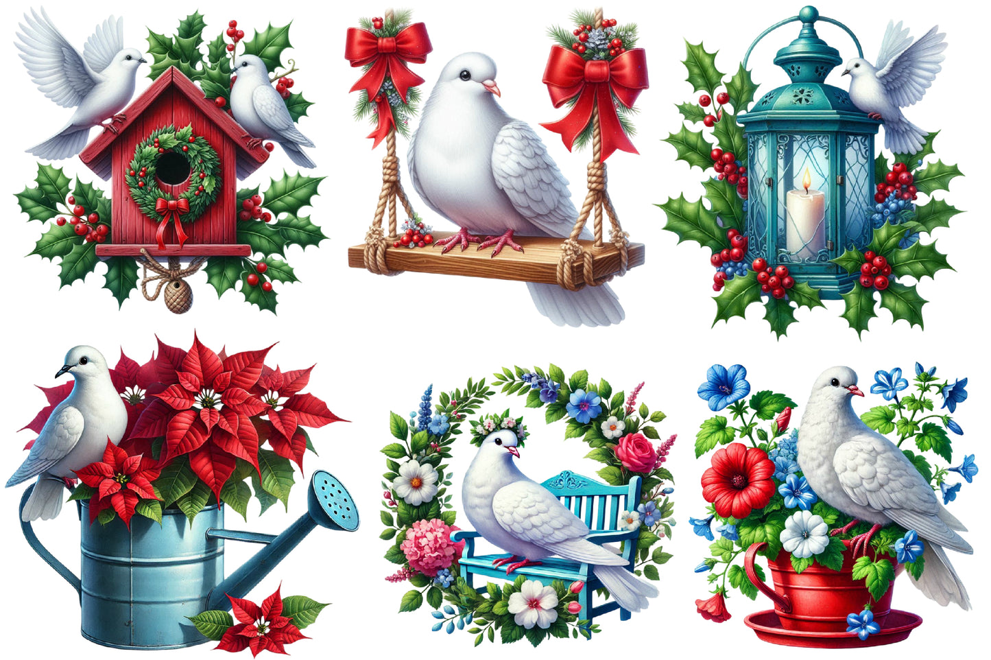 Watercolor Christmas White Dove Clipart PNG Bundle | Peace Dove & Festive Holiday Floral Designs