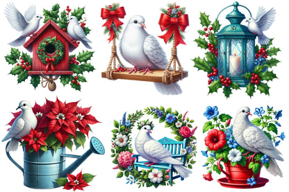 Watercolor Christmas White Dove Clipart PNG Bundle | Peace Dove & Festive Holiday Floral Designs