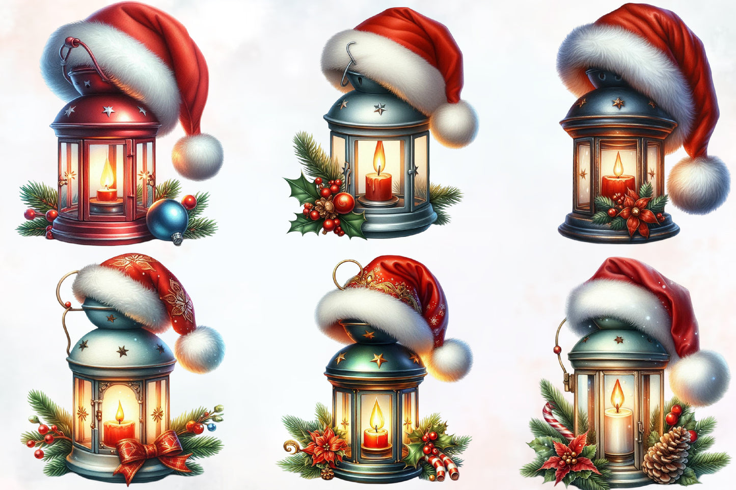 21 Christmas Lantern PNG Watercolor Clipart Bundle Santa Hat Holiday
