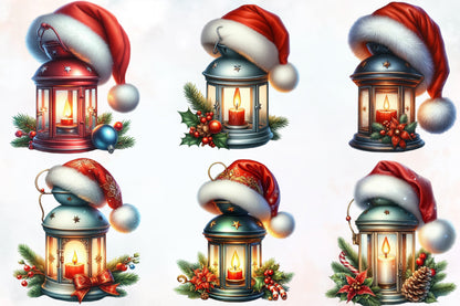 21 Christmas Lantern PNG Watercolor Clipart Bundle Santa Hat Holiday