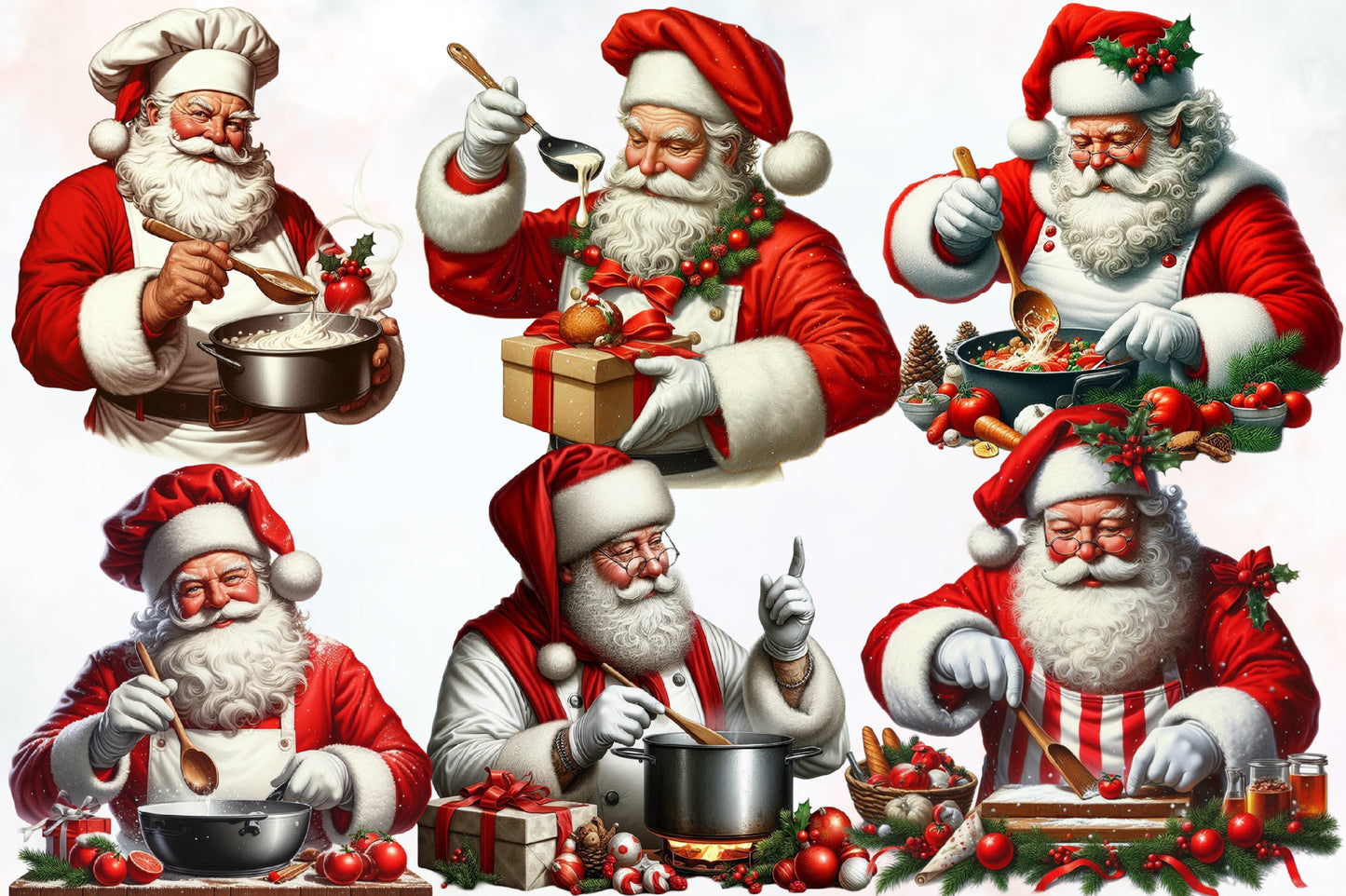 Watercolor Santa Chef Clipart PNG Bundle | Funny Christmas Cooking Santa, Baking & Holiday Kitchen Designs