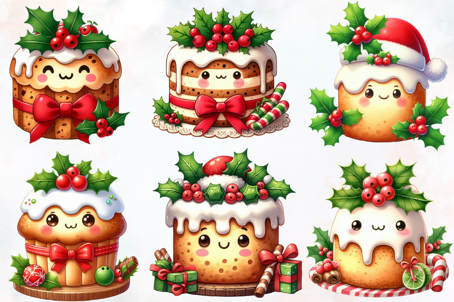 Kawaii Christmas Cake Clipart PNG Bundle | Cute Christmas Pudding, Holiday Cake & Kawaii Dessert Designs
