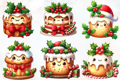 Kawaii Christmas Cake Clipart PNG Bundle | Cute Christmas Pudding, Holiday Cake & Kawaii Dessert Designs