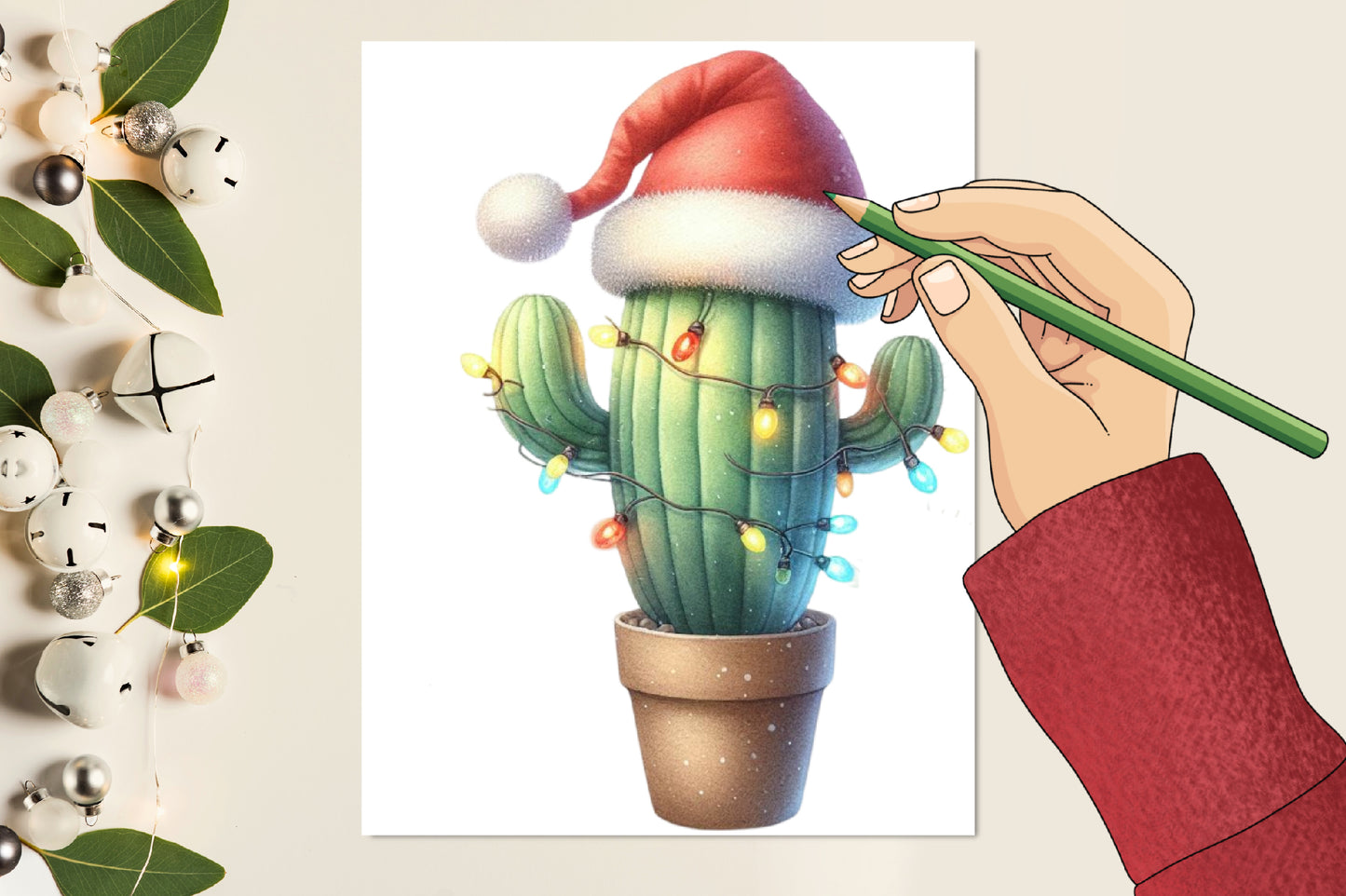 Christmas Cactus PNG Clipart Bundle | Watercolor Christmas Cactus with Santa Hats, Lights, Holly & Holiday Decor