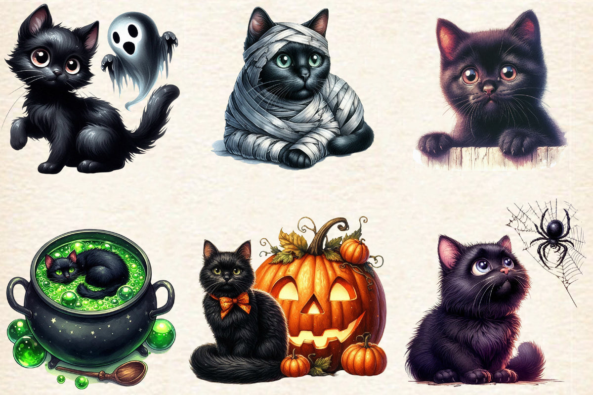 Halloween Black Cat PNG Bundle Funny Black Cat Halloween Clipart