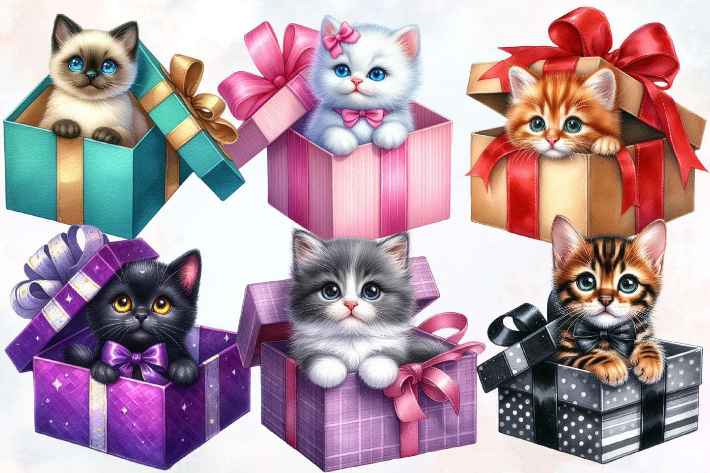 Watercolor Christmas Cat Gift Box PNG Bundle | Cute Christmas Kitten Clipart | Holiday Cat Sublimation