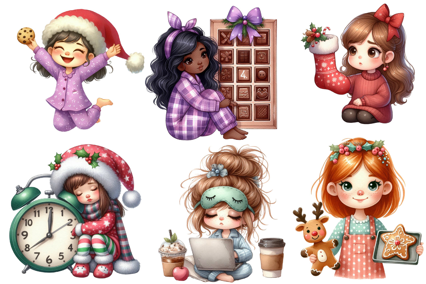 Christmas Quirky Girl Watercolor Clipart PNG Bundle | Cute Christmas Girl PNG | Holiday Girl Sublimation