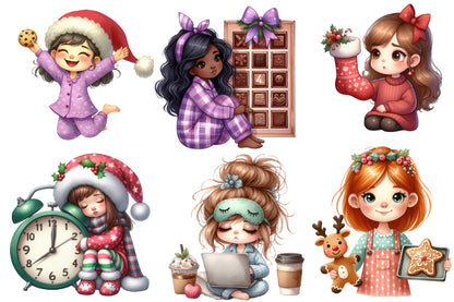 Christmas Quirky Girl Watercolor Clipart PNG Bundle | Cute Christmas Girl PNG | Holiday Girl Sublimation